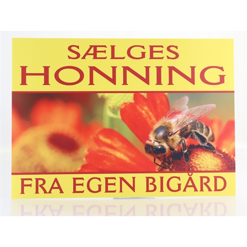 Skilt: Honning sælges med bi i orange blomst, 60x42 cm